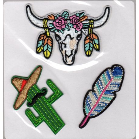 Lot de 3 Ecussons Thermocollants Indien Taureau Cactus Plume
