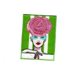 Ecusson Thermocollant Femme Mode Chapeau Fleur Vert 5 x 7 cm 