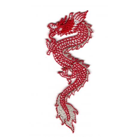 Ecusson Thermocollant Dragon Chinois Coloris Rouge Et Blanc 3 X 8 Cm