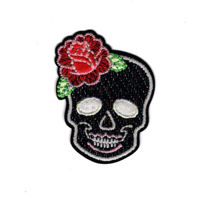 P.ANTIGURU Écusson Patch Badge Tete De Mort Épée Et Rose Brodé Ecusson