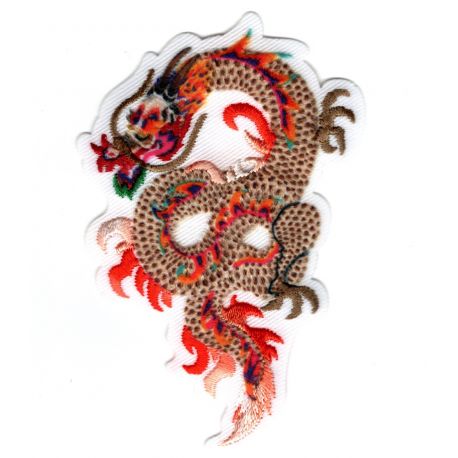 Patch Ecusson Thermocollant Dragon de feu chinois coloris beige orange 5 x 8 cm