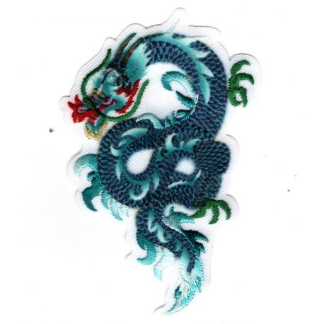 Patch Ecusson Thermocollant Dragon de feu chinois coloris bleu vert 5 x 8 cm