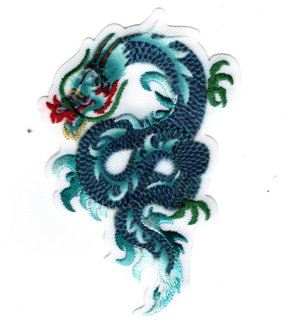 Patch Ecusson Thermocollant Dragon De Feu Chinois Coloris Bleu Vert 5 X 8 Cm