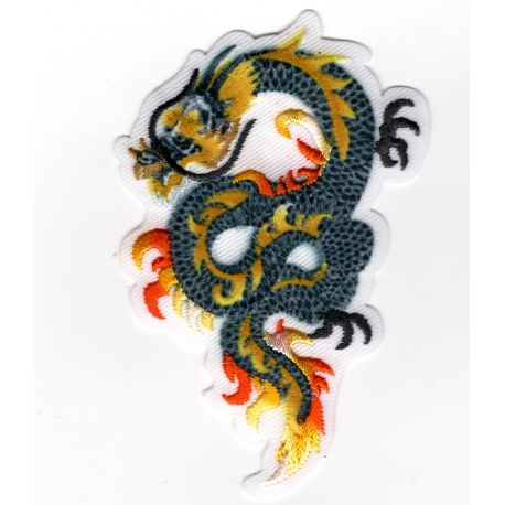 Patch Ecusson Thermocollant Dragon de feu chinois coloris kaki jaune 5 x 8 cm