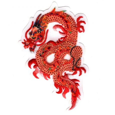 Patch Ecusson Thermocollant Dragon de feu chinois coloris rouge orange 5 x 8 cm