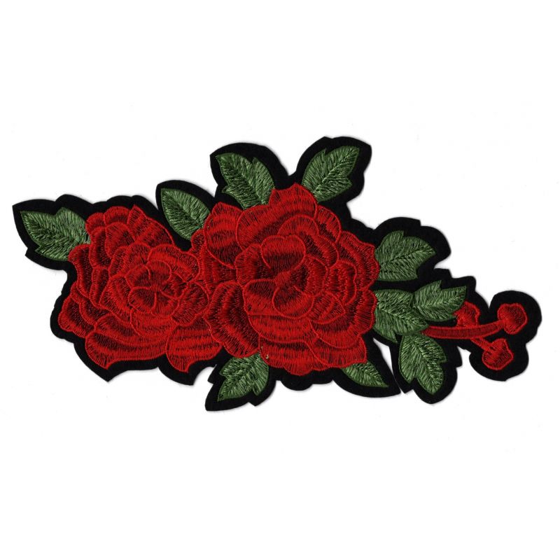 Grand patch brodé rose, écusson thermocollant fleur