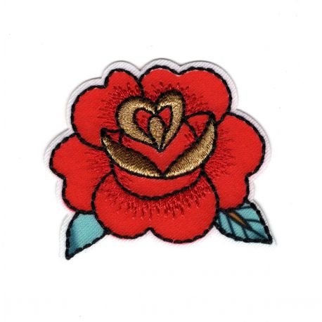 Patch Ecusson Thermocollant Fleur rose rouge façon tatoo 5 x 5,50 cm