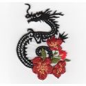 Patch Ecusson Thermocollant Dragon chinois hibiscus 5 x 7 cm
