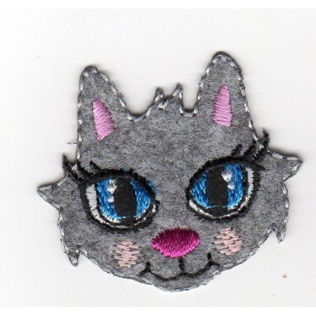 Patch Ecusson Thermocollant Tête de chat coloris gris 3 x 3,50 cm