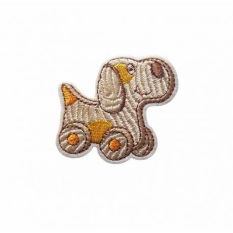 Patch Ecusson Thermocollant Jouet en bois Chien à roulettes 4 x 4 cm