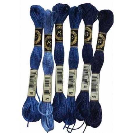 Lot de 6 échevettes Point de croix Brin divisible en 6 Broderie traditionnelle Coloris Bleu foncé