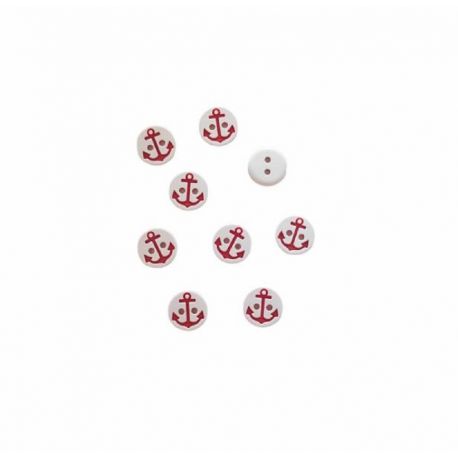 Lot de 9 - bouton ancre marine coloris rouge fond blanc 13 mm plastique