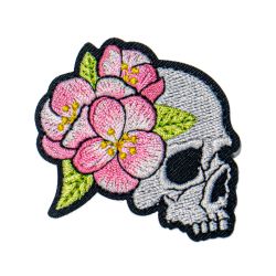 Patch Ecusson Thermocollant Tête de mort fleur rose 4,50 x 5,50 cm