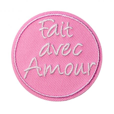 Patch Ecusson Thermocollant Fait avec amour Rond rose 4,50 x 4,50 cm