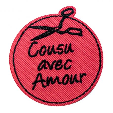 Patch Ecusson Thermocollant Cousu avec amour Rond rose 4,50 x 4,50 cm