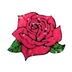 Patch Ecusson Thermocollant Rose de Ronsard paillettes sequins 8 x 9 cm