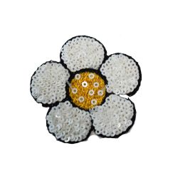 Patch Ecusson Thermocollant Fleur Marguerite Coloris Blanc paillettes sequins 5,50 x 6 cm