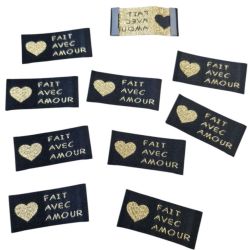 Lot de 10 Etiquettes tissées 2,50 x 5 cm Fait avec Amour Doré