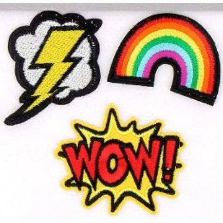 Lot de 3 - Patch Ecusson Thermocollant Eclair Arc en ciel Wow