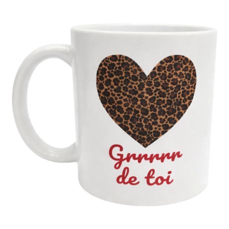 Mug Cœur léopard “Grrr de toi” Tasse fun et sauvage cadeau original et mignon pour amoureux pause café pleine de caractère