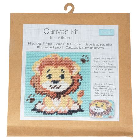 Canevas enfant Lion 17 x 17 cm Kit créatif broderie laine aiguille plastique activité manuelle ludique dès 5 ans