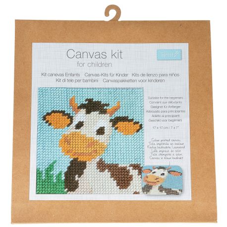 Canevas enfant Vache 17 x 17 cm Kit créatif broderie laine aiguille plastique activité manuelle ludique dès 5 ans