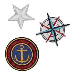 Patch Ecusson Thermocollant Blason Ancre Marin Boussole Rose des vents Étoile Grise